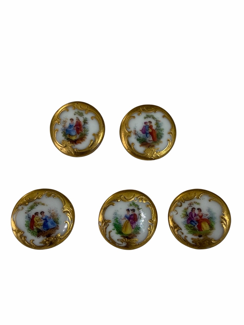 Vintage Limoges Style Porcelain Courting Couple Gold Buttons Set of 5